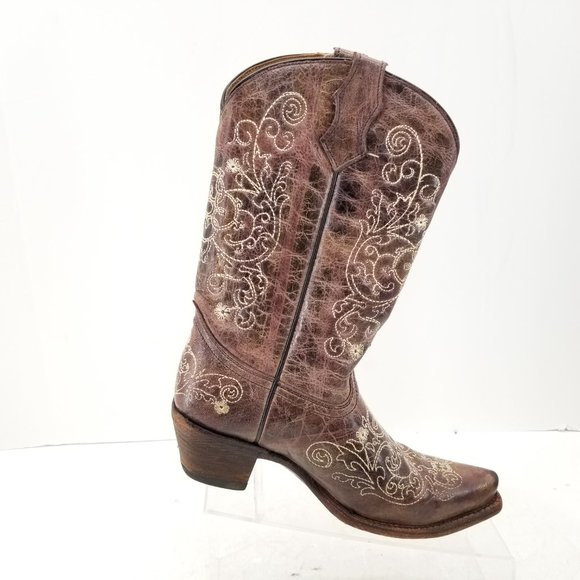 Teens Corral Brown Leather Embroidered Snip Toe Western Cowgirl Boots Size 4.5 T - Picture 6 of 10